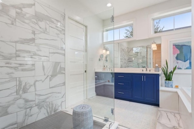 bathroom with vanity and walk in shower