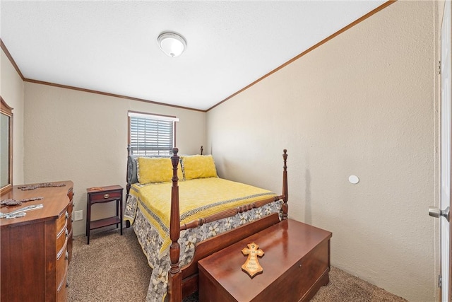 bedroom with carpet flooring and ornamental molding