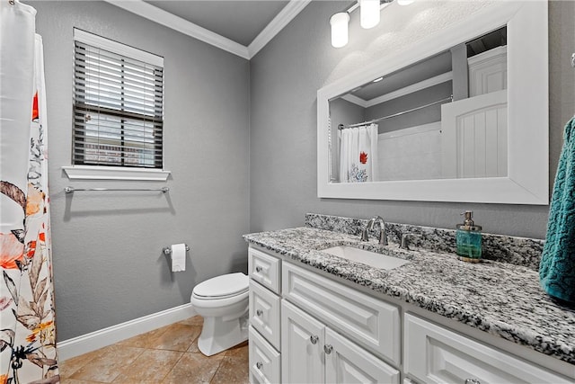 bathroom with toilet, vanity, tile patterned floors, and ornamental molding