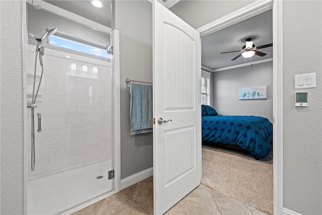 bedroom featuring ceiling fan, light carpet, and ornamental molding