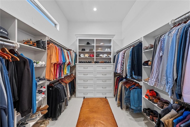 walk in closet with light carpet