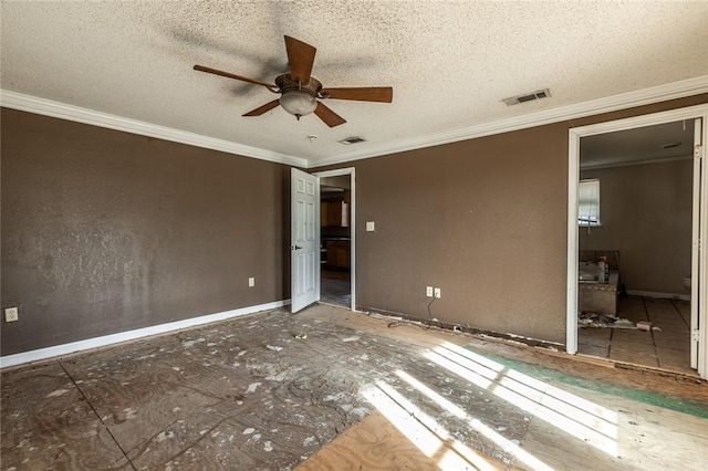 unfurnished bedroom with ceiling fan, a textured ceiling, and ornamental molding