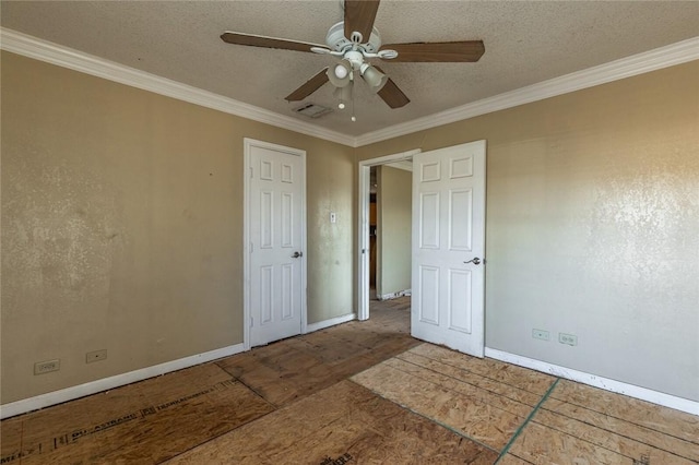 unfurnished bedroom with a textured ceiling, ceiling fan, and crown molding