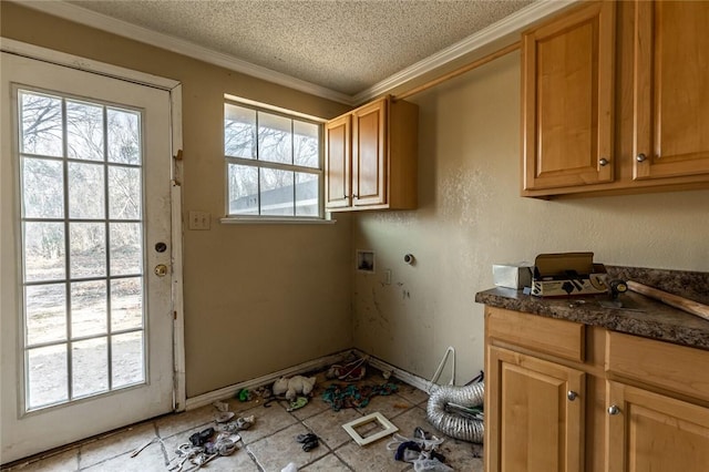 laundry room featuring washer hookup, cabinets, hookup for an electric dryer, a textured ceiling, and ornamental molding