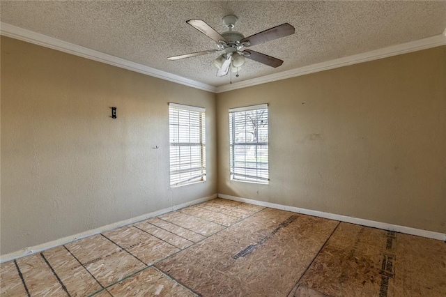 empty room with a textured ceiling, ceiling fan, and crown molding