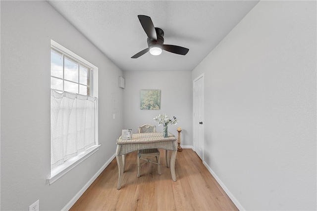 office area with ceiling fan and light hardwood / wood-style floors