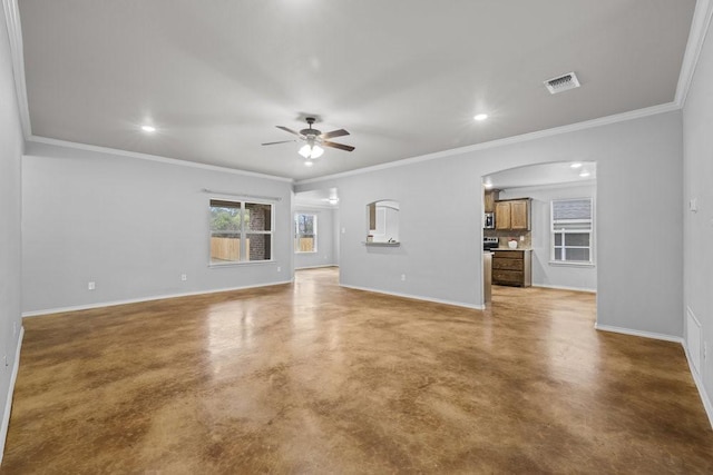 unfurnished living room featuring ceiling fan, concrete flooring, and ornamental molding