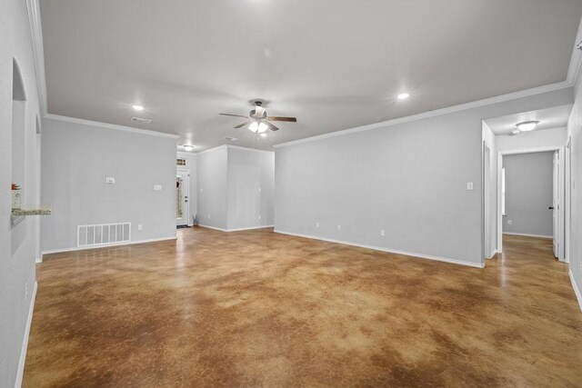 unfurnished living room with ceiling fan and ornamental molding