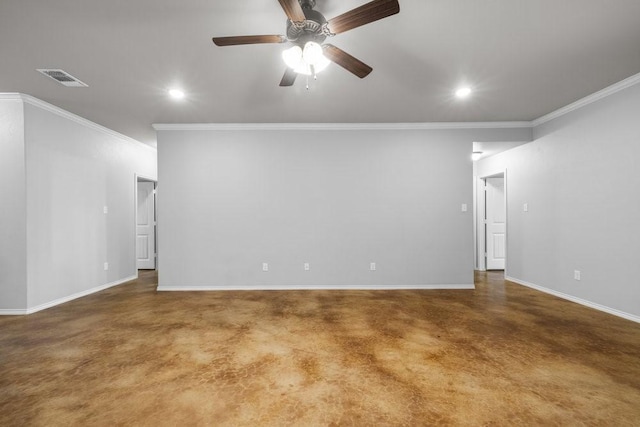 unfurnished room with ceiling fan and crown molding