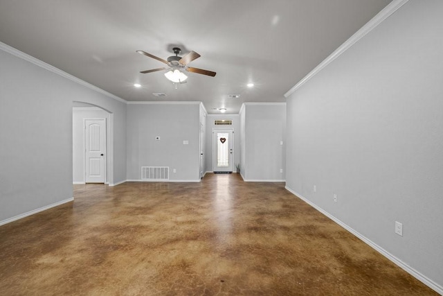 unfurnished living room featuring ceiling fan and ornamental molding