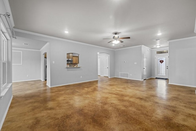 unfurnished living room featuring concrete floors, ceiling fan, and crown molding