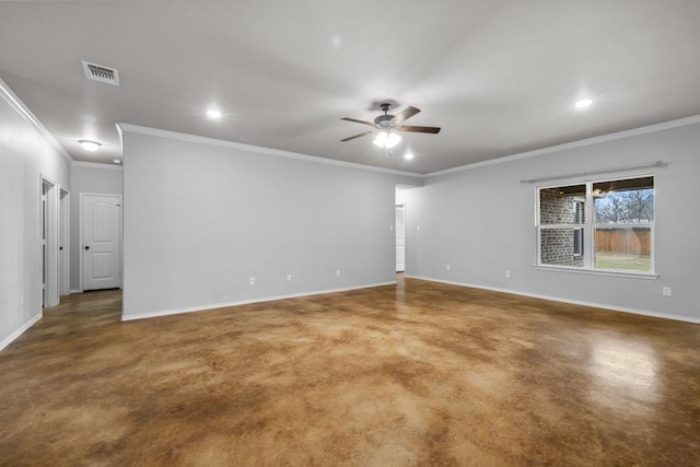 spare room with ceiling fan and ornamental molding