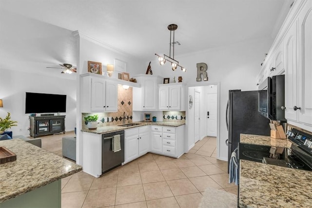 kitchen featuring hanging light fixtures, dishwasher, electric range, sink, and white cabinetry