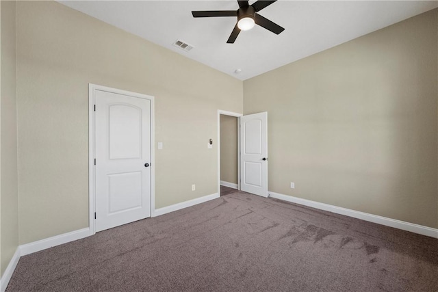 unfurnished bedroom featuring carpet flooring and ceiling fan