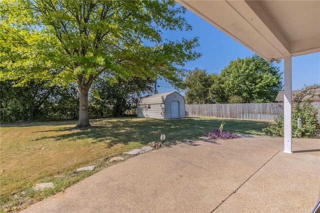 view of yard featuring a patio and a storage unit