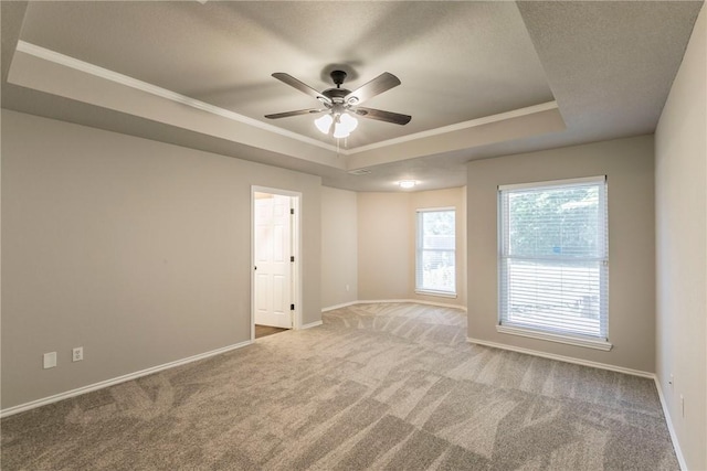 unfurnished room featuring a tray ceiling, ceiling fan, and carpet floors