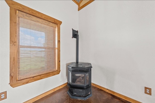 interior details featuring a wood stove