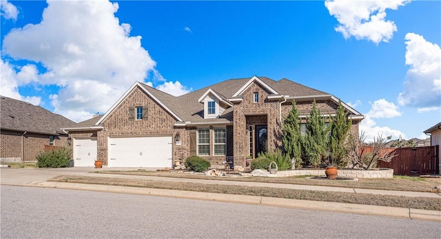 view of front of house with brick siding, driveway, and fence