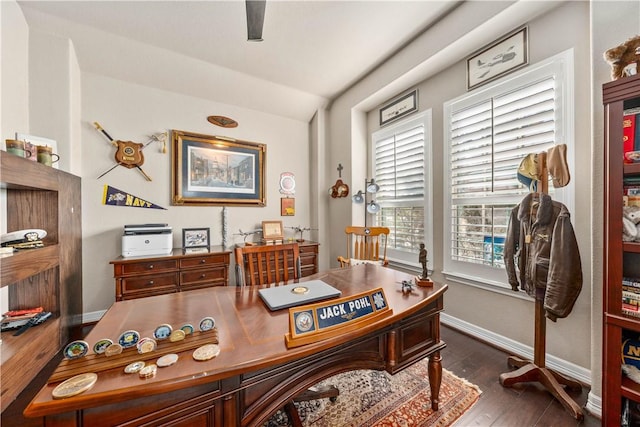 office featuring baseboards and dark wood-style flooring