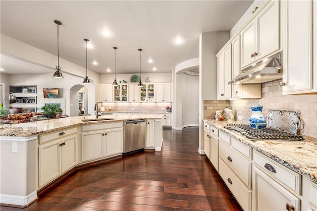 kitchen with under cabinet range hood, arched walkways, appliances with stainless steel finishes, and a sink