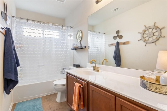 full bathroom with visible vents, toilet, tile patterned flooring, shower / bathtub combination with curtain, and vanity