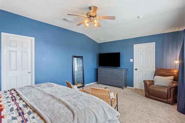 bedroom with baseboards, visible vents, a ceiling fan, lofted ceiling, and carpet floors