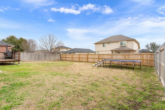 view of yard with a fenced backyard and a trampoline