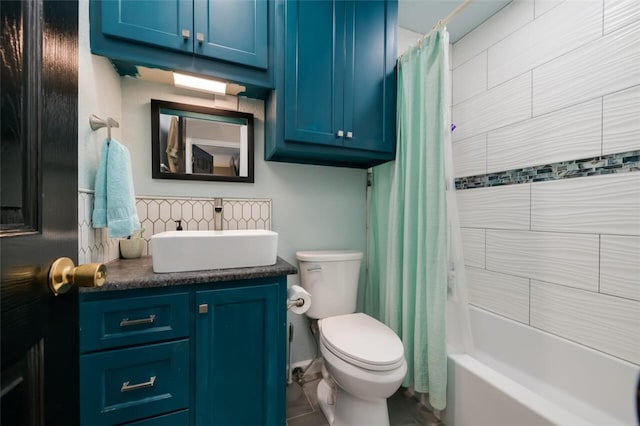 full bathroom with decorative backsplash, vanity, shower / tub combo with curtain, and toilet