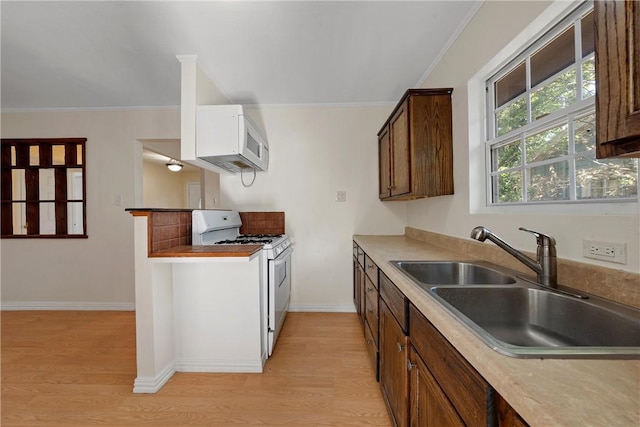 kitchen with light wood-type flooring, white appliances, crown molding, and sink