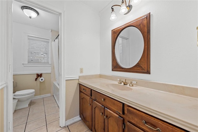 full bathroom with tile patterned floors, vanity, shower / tub combo, and toilet