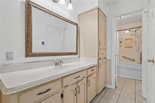 bathroom featuring tile patterned flooring, vanity, and shower / washtub combination