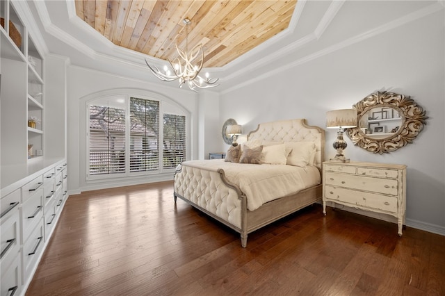 bedroom with wooden ceiling, dark wood-style floors, ornamental molding, a tray ceiling, and a notable chandelier