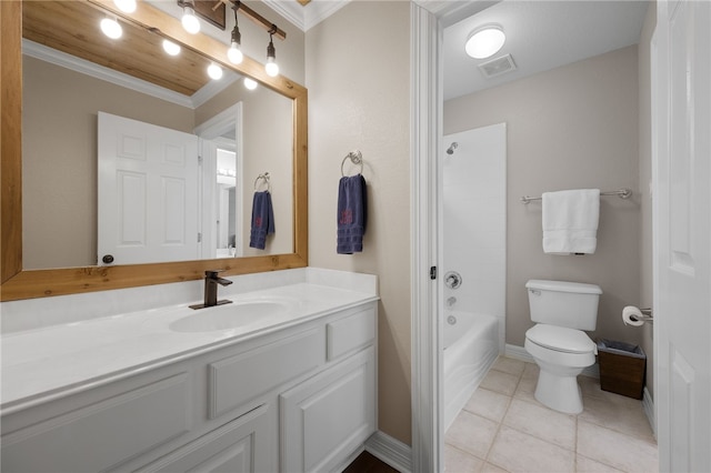 bathroom featuring crown molding, visible vents, toilet, vanity, and tile patterned flooring