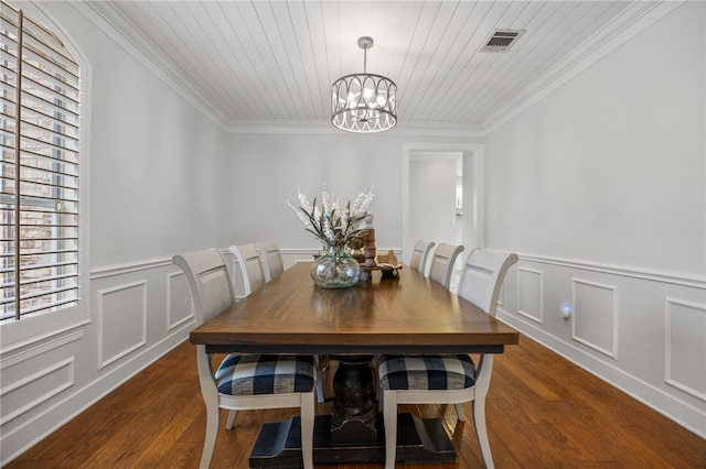 dining space featuring a chandelier, wooden ceiling, wood finished floors, and crown molding