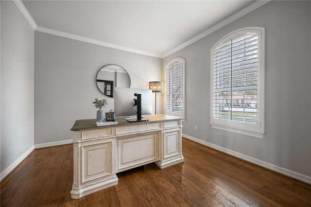 home office featuring dark wood-style floors, crown molding, and baseboards