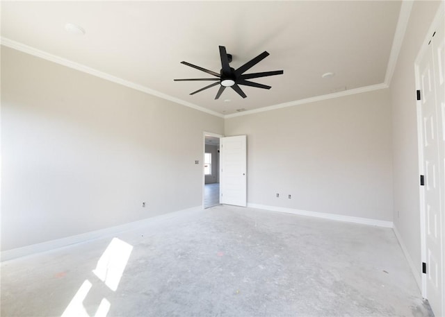 spare room featuring ceiling fan and ornamental molding