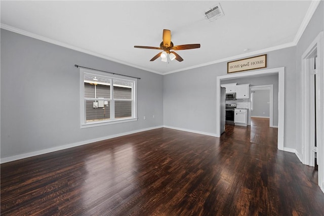 unfurnished living room featuring ornamental molding, dark wood-type flooring, and ceiling fan