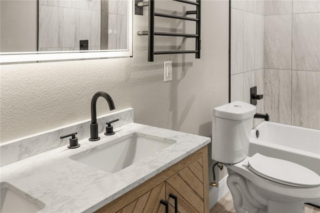 full bathroom featuring vanity, shower / bathtub combination, toilet, and radiator heating unit