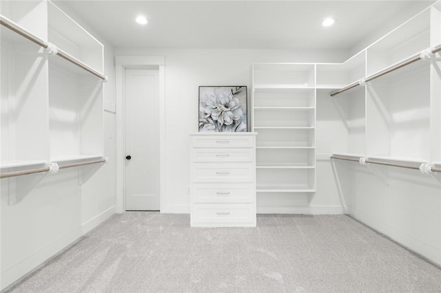 spacious closet featuring light colored carpet