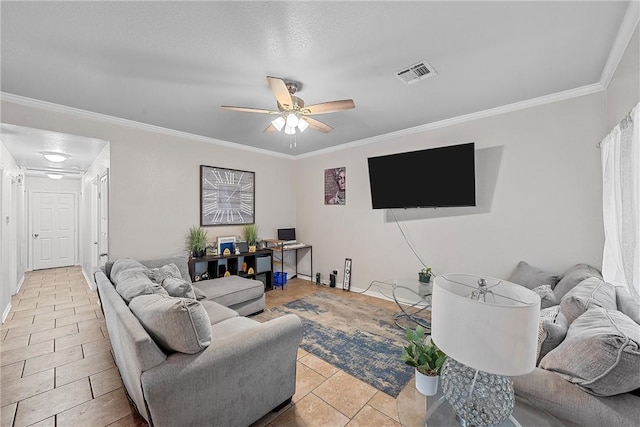 tiled living room with ceiling fan and ornamental molding