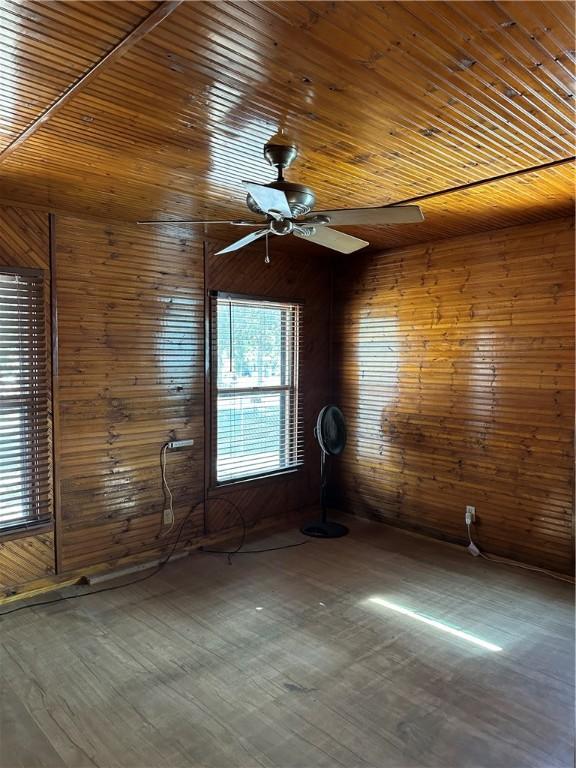 unfurnished room featuring ceiling fan, wooden ceiling, and wooden walls