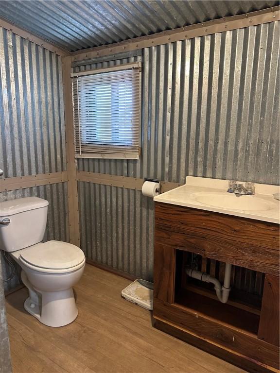 bathroom featuring vanity, wood-type flooring, and toilet