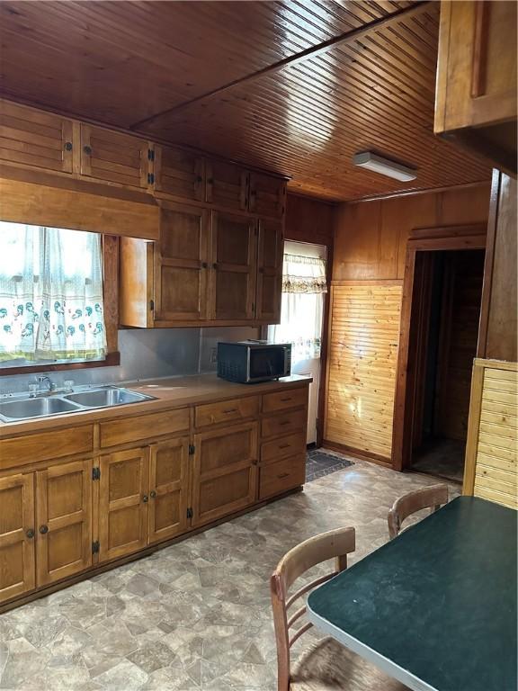 kitchen featuring wood walls, wood ceiling, and sink