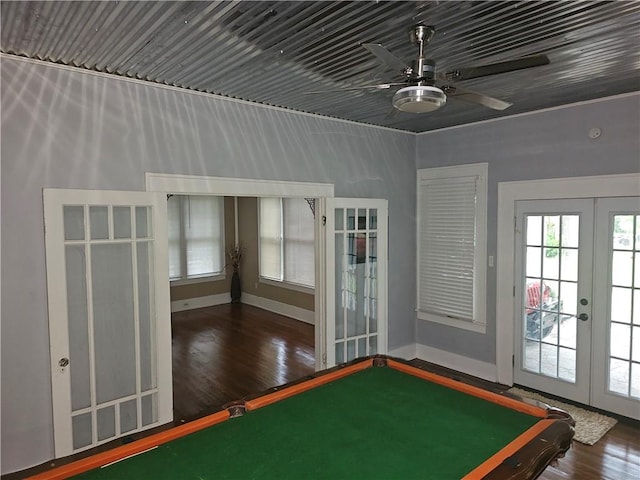 recreation room with dark hardwood / wood-style flooring, ceiling fan, french doors, and pool table