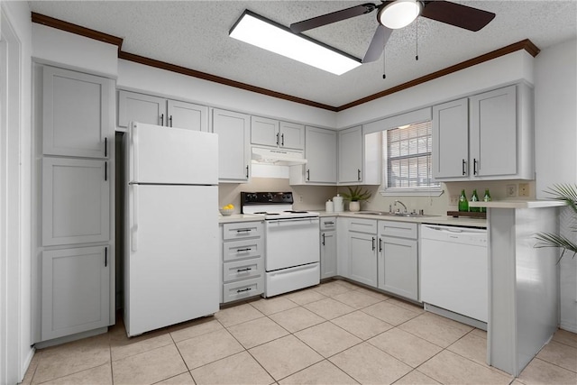 kitchen with under cabinet range hood, white appliances, and light countertops