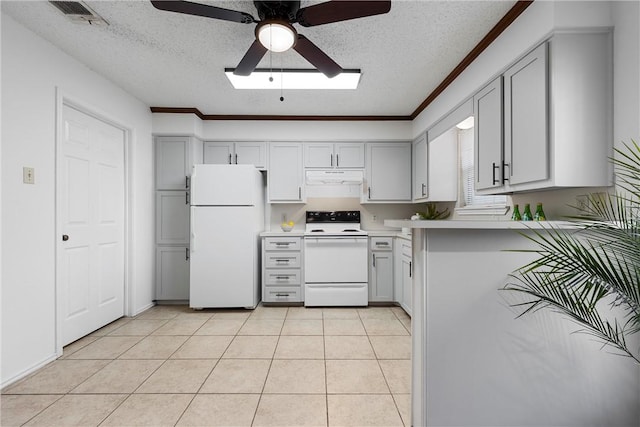 kitchen with visible vents, a ceiling fan, under cabinet range hood, white appliances, and light countertops