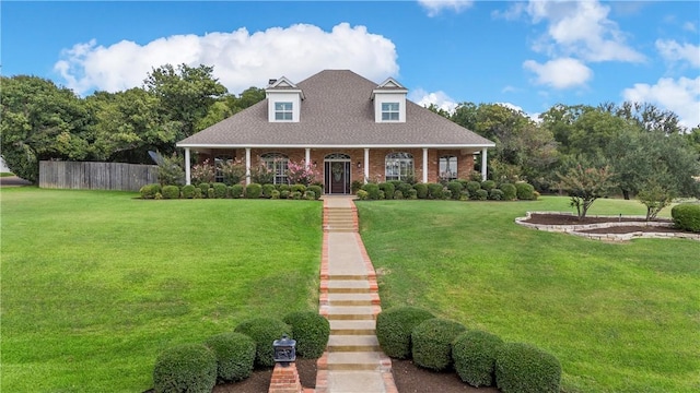 view of front of home featuring covered porch, brick siding, a front yard, and fence