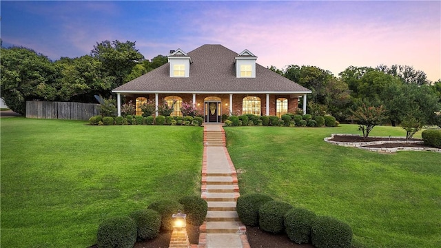 new england style home with a front yard, covered porch, brick siding, and fence