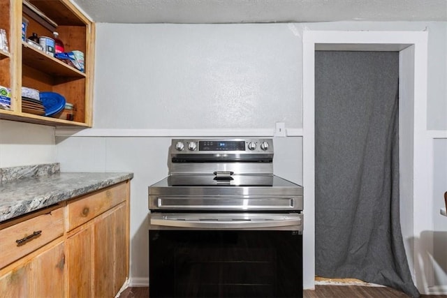 kitchen with electric range and hardwood / wood-style flooring