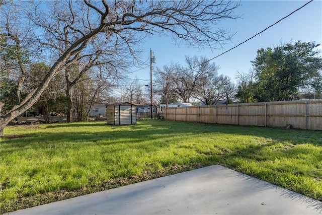 view of yard with a storage unit and a patio area